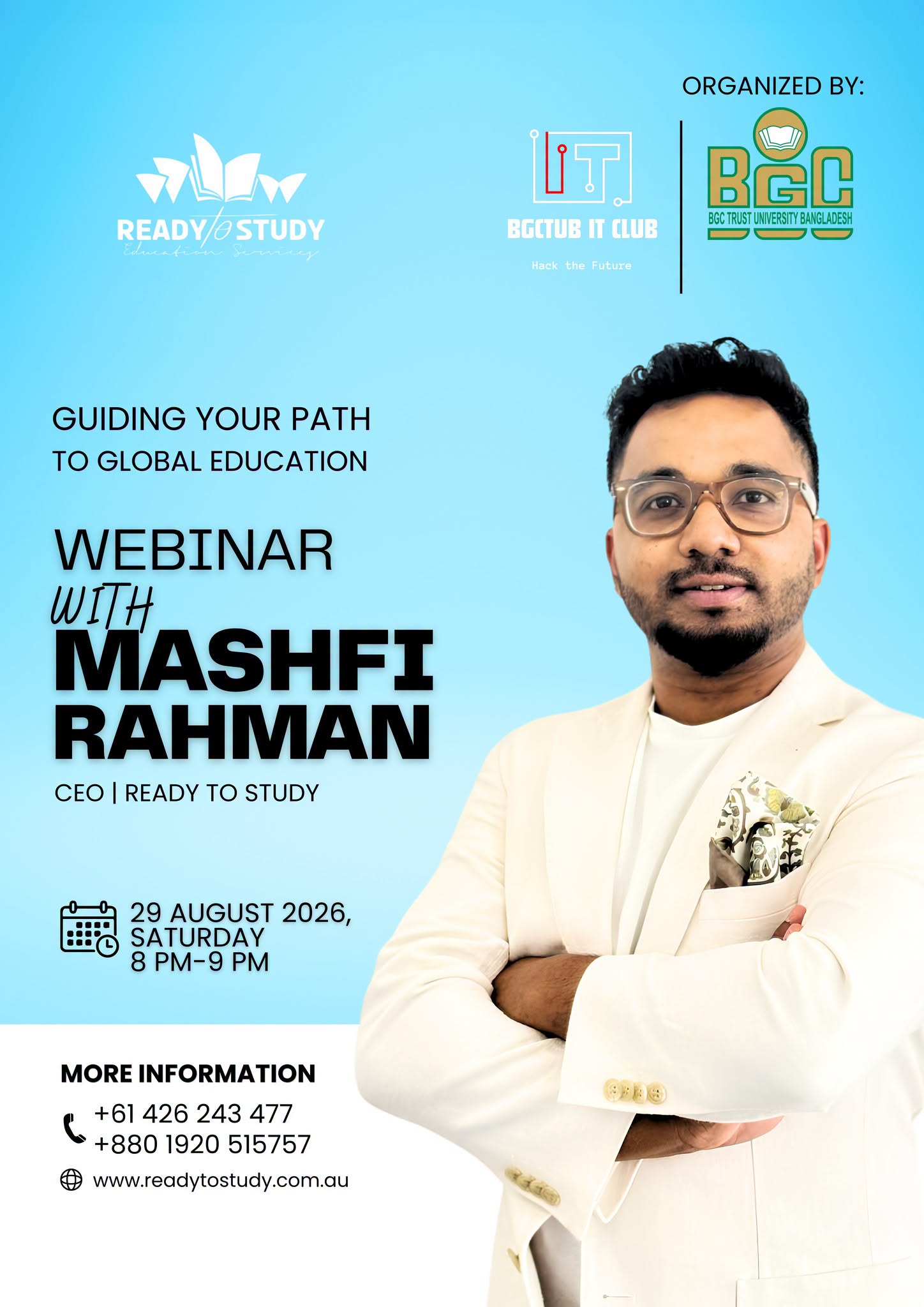 Webinar with Mashfi Rahman event poster for guiding students toward global education